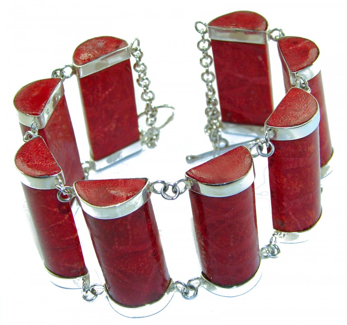 Precious Red Fossilized Coral .925 Sterling Silver handcrafted Large Bali Bracelet - photo 3