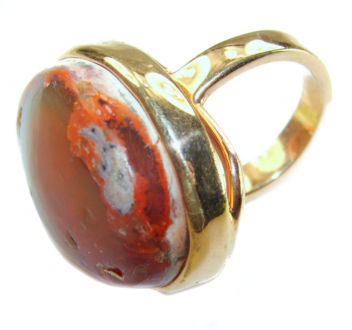 Inner Fire best quality 21.4 carat Mexican Opal 18K Gold over .925 Sterling Silver handmade ring 7 adjustable - Mexican opal ring in 18K gold, side view showing stone detail.