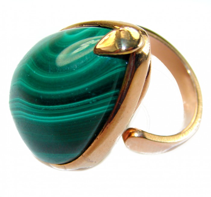 32.2 CARAT genuine Malachite 14K Rose Gold over .925 Sterling Silver handcrafted ring size 7 adjustable - Malachite ring in rose gold, side view close-up.
