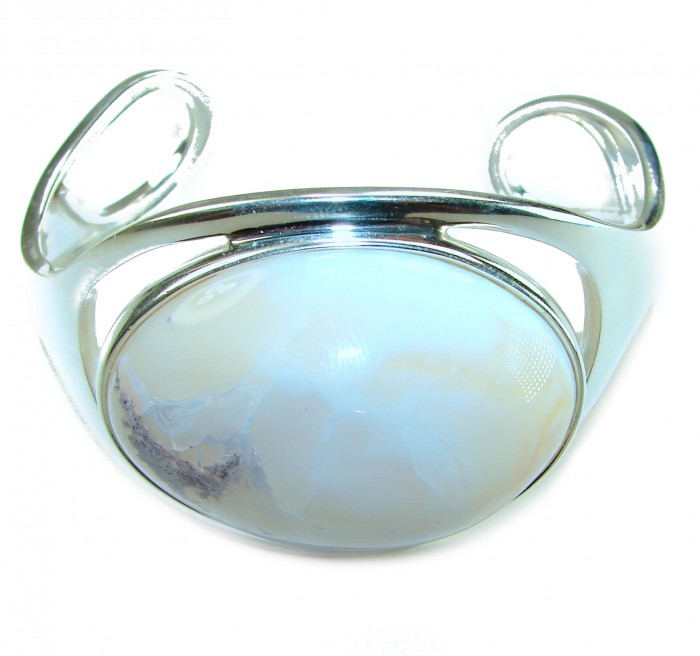 Full of Secrets 125.5 carat Genuine Mexican white Fire Opal handcrafted .925 Sterling Silver Bracelet / Cuff - Front view of silver cuff with large white Mexican Fire Opal stone.