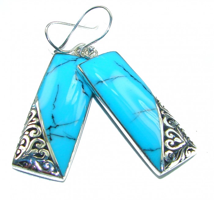 Spectacular Blue inlay Turquoise .925 Sterling Silver handcrafted Earrings - Close-up of blue inlay turquoise sterling silver earrings.