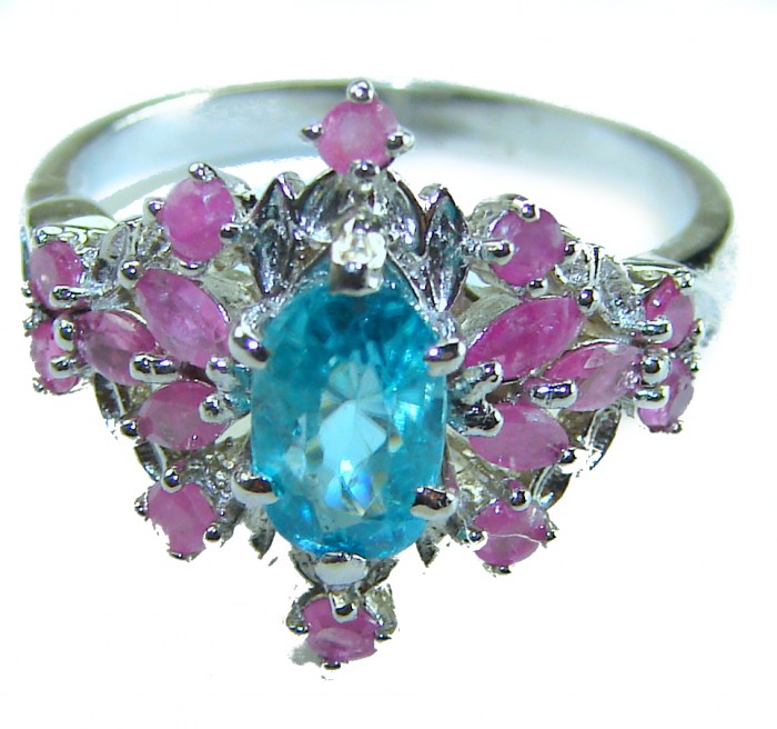 Luxurious 4.5 carat Aquamarine Ruby .925 Sterling Silver handcrafted ring; s. 8 - Close-up of aquamarine and ruby ring in sterling silver setting.