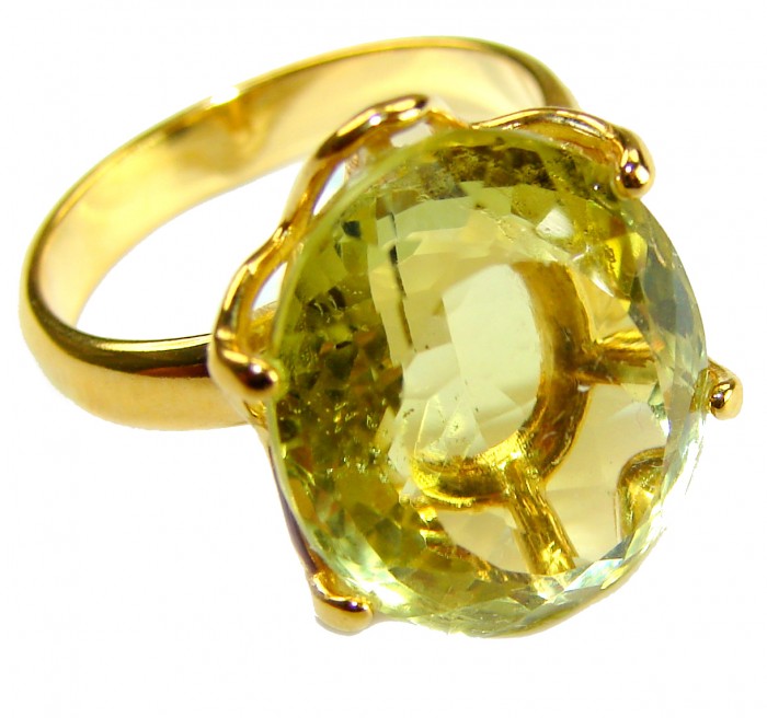 Solid 11.8 carat Genuine Lemon Quartz 14K Gold over .925 Sterling Silver handcrafted ring size 6 - Close-up of 11.8 carat Lemon Quartz ring in 14K gold over sterling silver.