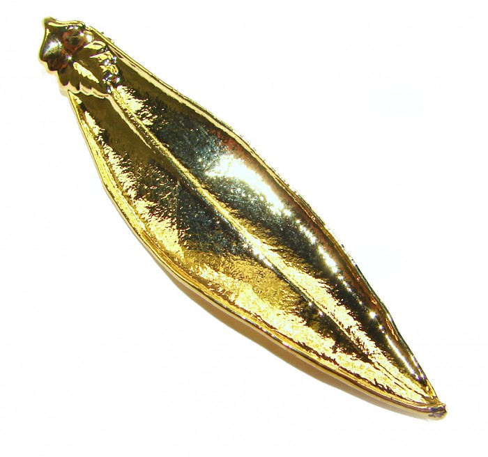 Natural Leaf .925 Sterling Silver dipped in real 10k Gold handmade pendant - Gold-dipped leaf pendant, angled side view.