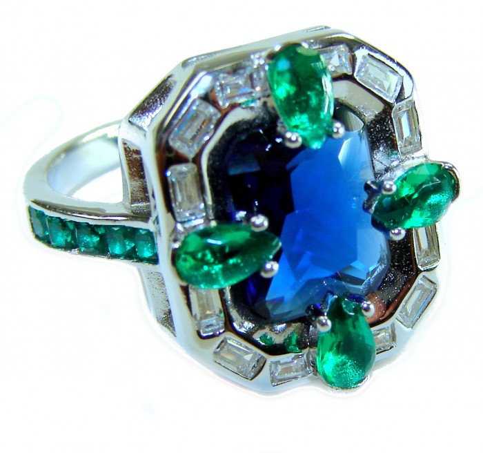 Art Deco 8.6 ctw Sapphire Emerald .925 Sterling Silver handcrafted Statement Ring size 8 - Close-up of Art Deco sapphire and emerald sterling silver ring.