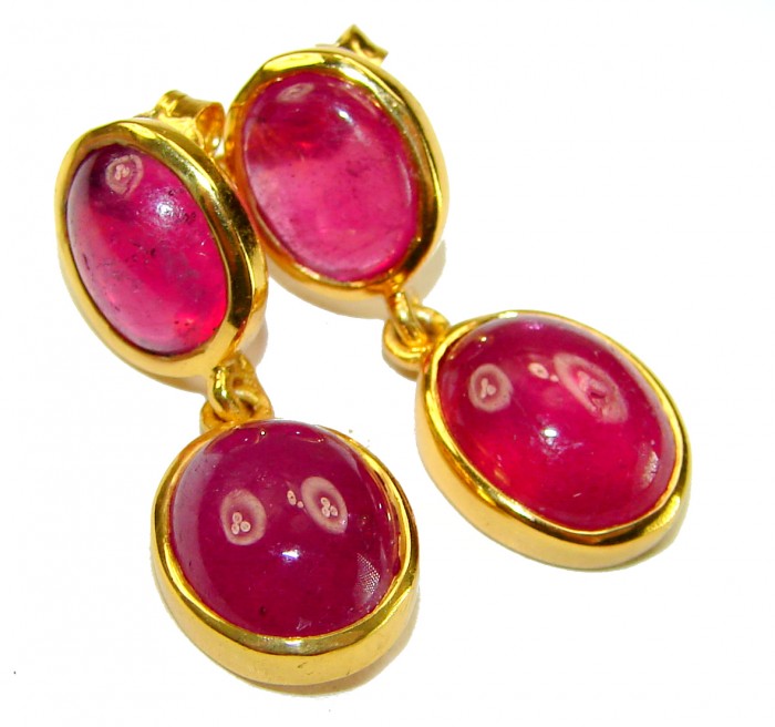 Countless Blessings Genuine 9.5 carat Authentic Mozambique Ruby 18K Gold over .925 Sterling Silver handcrafted earrings - Close-up of Mozambique ruby earrings with gold setting