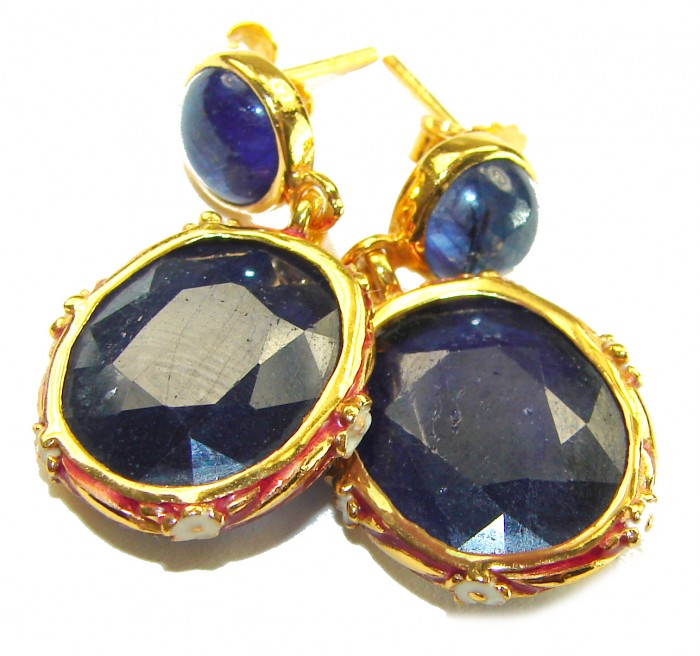 Gabriella 15.2 carat authentic Sapphire enamel .925 Sterling Silver dipped in 22K Gold handcrafted Statement earrings - Close-up of sapphire earrings with enamel and gold detailing.