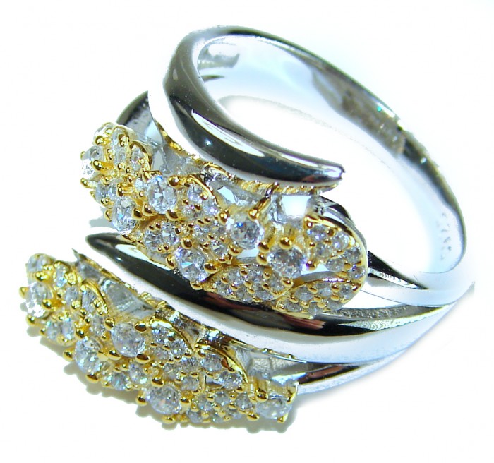 Allure Natural 8.2 carat White Topaz 2 tones .925 Sterling Silver handcrafted Ring s. 8 1/4 - White Topaz sterling ring, side view highlighting stones and two-tone design.