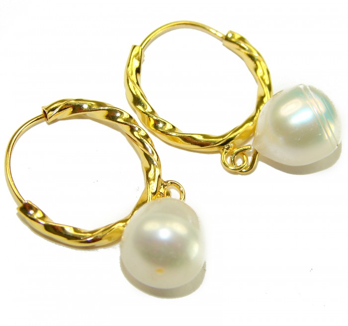 Genuine Pearl 14K Gold over .925 Sterling Silver handcrafted Statement Earrings - Gold hoop earrings with pearls, close-up detail.