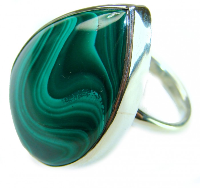 Amazonia 37.5 CARAT genuine Malachite from Ural .925 Sterling Silver handcrafted ring size 7 adjustable - Close-up of Amazonia malachite ring with sterling silver setting.