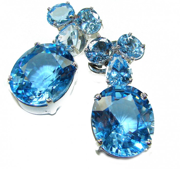 Pure Serenity 45.5 carat genuine Swiss Blue Topaz .925 Sterling Silver handmade Large Statement earrings - Close-up of Swiss Blue Topaz earrings, 45.5 carat, sterling silver.