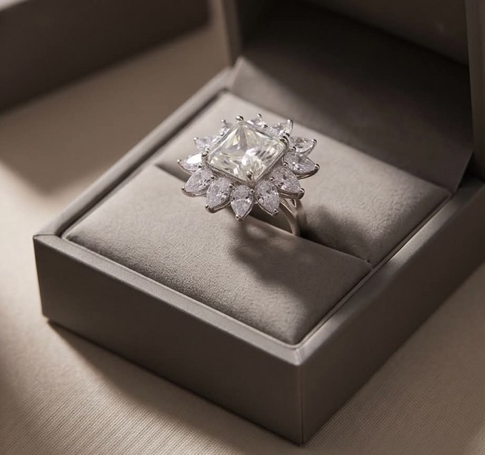 Fiorella Precious 25.5 carat Natural yellow Sapphire White Topaz .925 Sterling Silver Statement ring size 6 - Fiorella ring in box, square sapphire with marquise accents, top view.