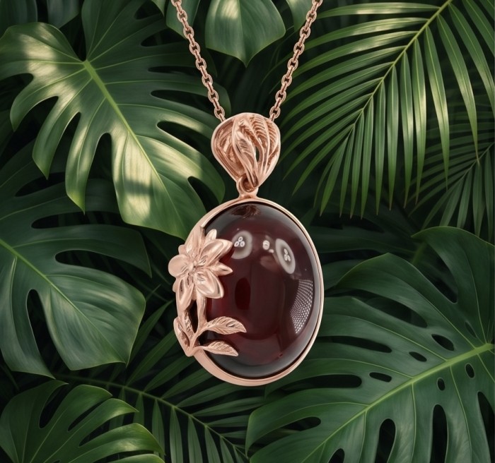 Marvelous Natural 14.8 carat Mozambique Garnet 18K Rose Gold over .925 Sterling Silver Handcrafted pendant - Close-up of garnet pendant in rose gold with leaf and flower design.