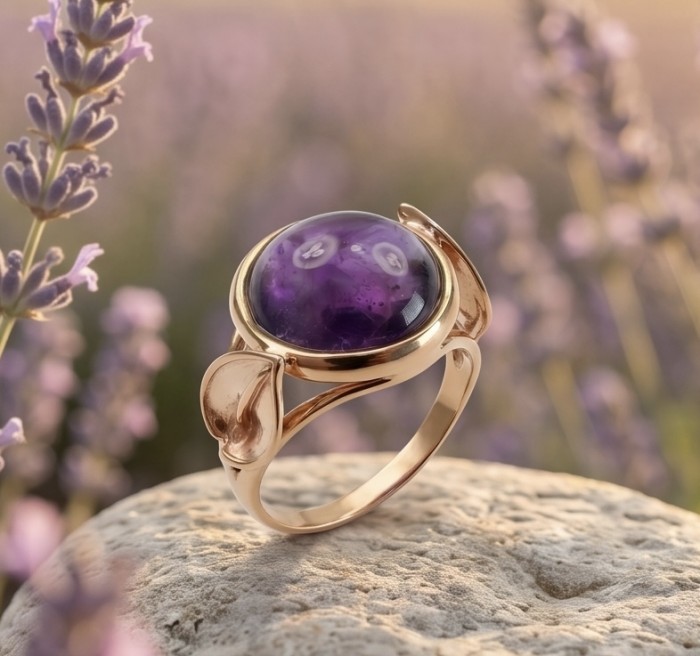 Purple Royalty 20.5 carat Amethyst 18K Gold over .925 Sterling Silver Handcrafted Ring size 8 - Amethyst ring close-up on stone background with lavender.