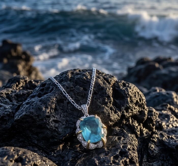 Rio Grande do Norte - Brazilian's Briliance - oval cut 19.7 carat Paraiba Tourmaline 2 tones .925 Sterling Silver handcrafted necklace - Close-up of aquamarine pendant on rocky beach background.