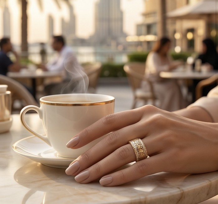 Precious Natural two tones .925 Sterling Silver dipped in 18K Gold ring size 6 - Hand wearing two-tone sterling silver ring with coffee cup in background.