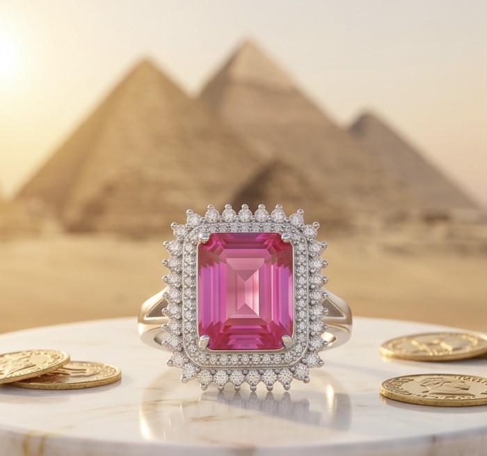 Stella 9.8 carat Brazilian Pink Topaz .925 Sterling Silver Handcrafted Statement Ring size 8 - Pink topaz ring close-up with pyramids in background, gold coins nearby.