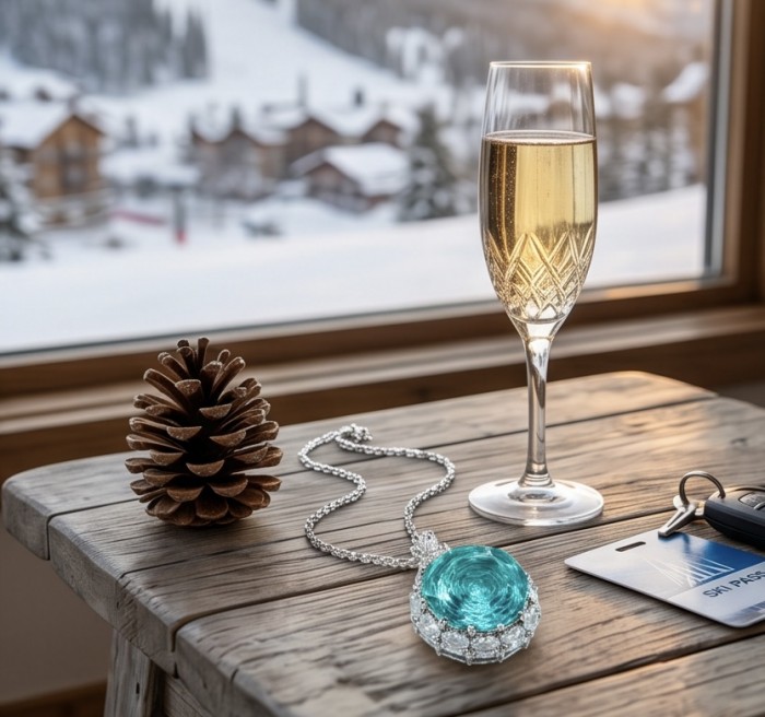 Rose of the Sea 18.8 carat fancy cut Paraiba Tourmaline Moissanite .925 Sterling Silver Handcrafted Statement necklace - Paraiba tourmaline necklace on table with pine cone and champagne glass.