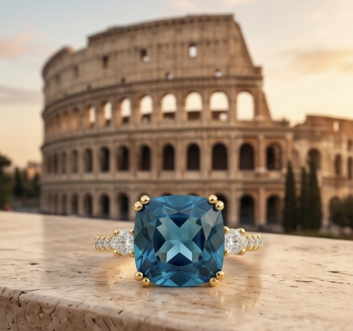 Atlantica fancy asscher cut 10.9 carat authentic London Blue Topaz 22K Gold over .925 Sterling Silver Handcrafted Ring size 8 - Stella ring with Asscher cut London Blue topaz, Colosseum backdrop.