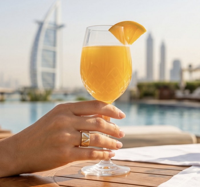 Secret code Precious Natural two tones .925 Sterling Silver Women ring size 6 - Ring worn on hand holding orange drink, Dubai skyline in background.