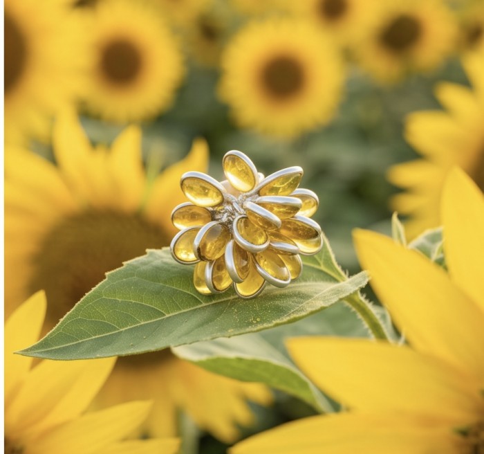 Authentic oval cut 18.2 carat Golden Topaz rhodium over .925 Sterling Silver cha- cha ring s. 6 - Close-up of golden topaz flower ring on sunflower leaf