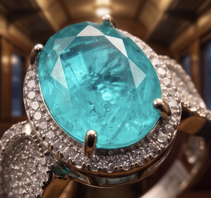 Elizabeth oval cut 14.8 carat Colombian Emerald .925 Sterling Silver dipped in Rhodium handcrafted Ring size 8 - Close-up of Elizabeth oval cut 14.8 carat Colombian Emerald ring.