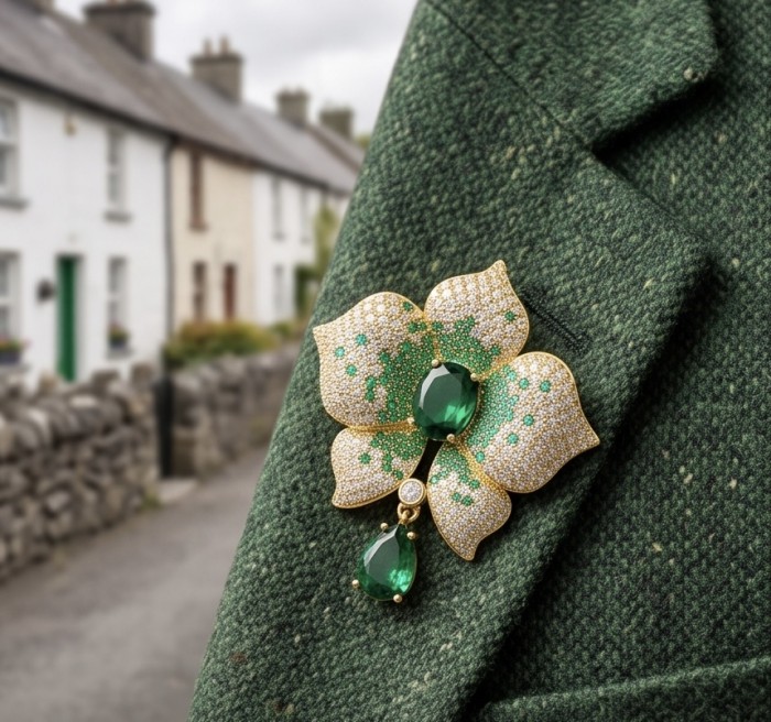 Heirloom Genuine 18.5 carat Colombian Emerald .925 Sterling Silver handmade Brooch - Emerald brooch on green coat in a village background, street view.
