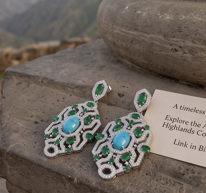Art Deco - Pacifica - 58.8 carat Turquoise Emerald .925 Sterling Silver handmade Statement LONG Earrings - Close-up of Art Deco earrings with turquoise and emerald stones.