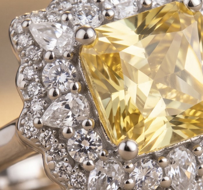 Luxurious asscher cut 5.9 carat Yellow Sapphire .925 Sterling Silver handcrafted Ring s. 6 - Close-up of 5.9 carat yellow sapphire with diamond accents.