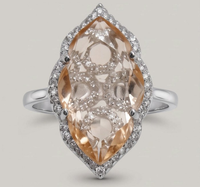 Jasmine 9.9 carat authentic Morganite .925 Sterling Silver Handcrafted Ring size 9 - Close-up of Jasmine 9.9 carat Morganite ring in sterling silver