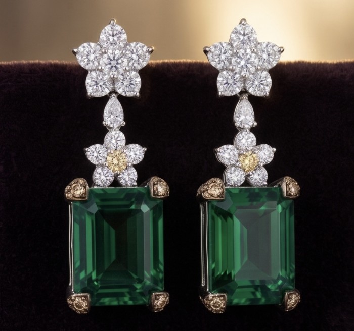 Authentic 14.8 CARAT Siberian Chrome Diopside rhodium over .925 Sterling Silver handcrafted earrings - Emerald green earrings with diamond accents, front view.