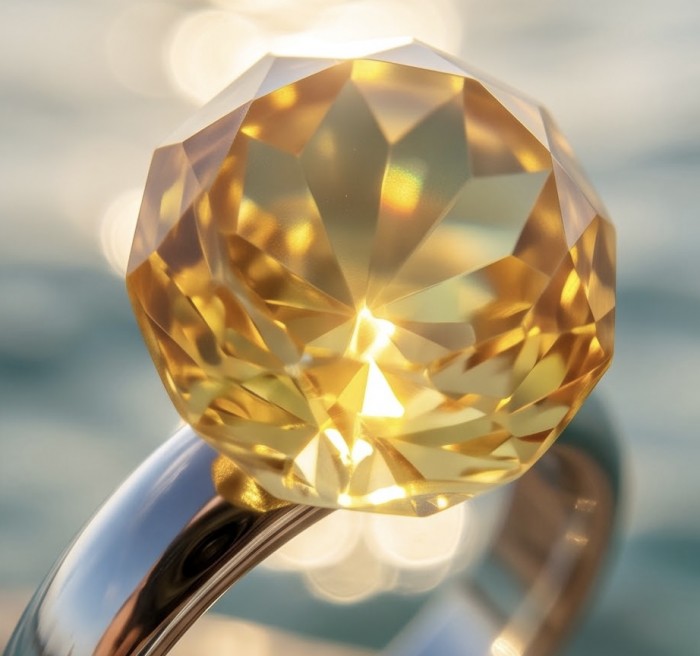 Modern Concept Golden Sphere - Natural faceted Baltic Amber 18K Gold over .925 Sterling Silver ring s. 8 - Close-up of faceted Baltic amber golden sphere on ring