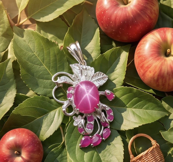 Emily 4.5 carat Ruby rhodium over .925 Sterling Silver handcrafted Pendant - Close-up of Emily 4.5 carat Ruby pendant on green leaves with apples.