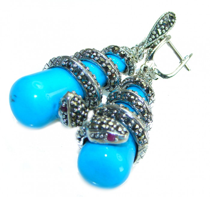Boa Snakes Turquoise Marcasite .925 Sterling Silver handcrafted Earrings - photo 3