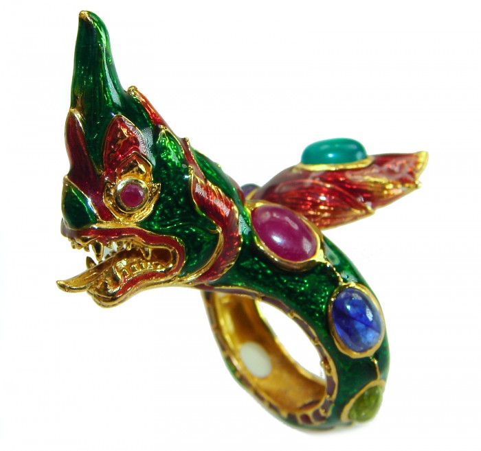 Dragon - symbolizes supernatural power- Enamel Ruby 18K Gold over .925 Sterling Silver Huge handcrafted Ring s. 9 - photo 3