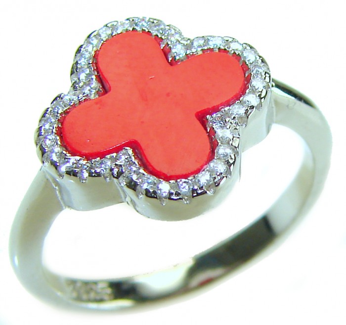 A four-leaf clover Coral .925 Sterling Silver handcrafted ring s. 8 - photo 2