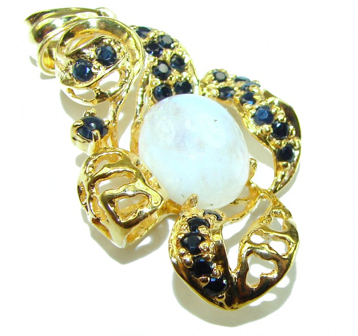 Genuine Rainbow Moonstone Sapphire 14k Gold over .925 Sterling Silver handcrafted pendant - Moonstone and sapphire pendant, gold detail, close-up view.