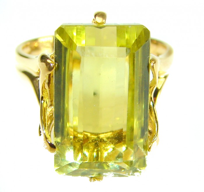 11.8 carat Genuine oval cut Lemon Quartz 14K Gold over .925 Sterling Silver handcrafted ring size 7 1/4 - Close-up of 11.8 carat lemon quartz ring in gold setting.