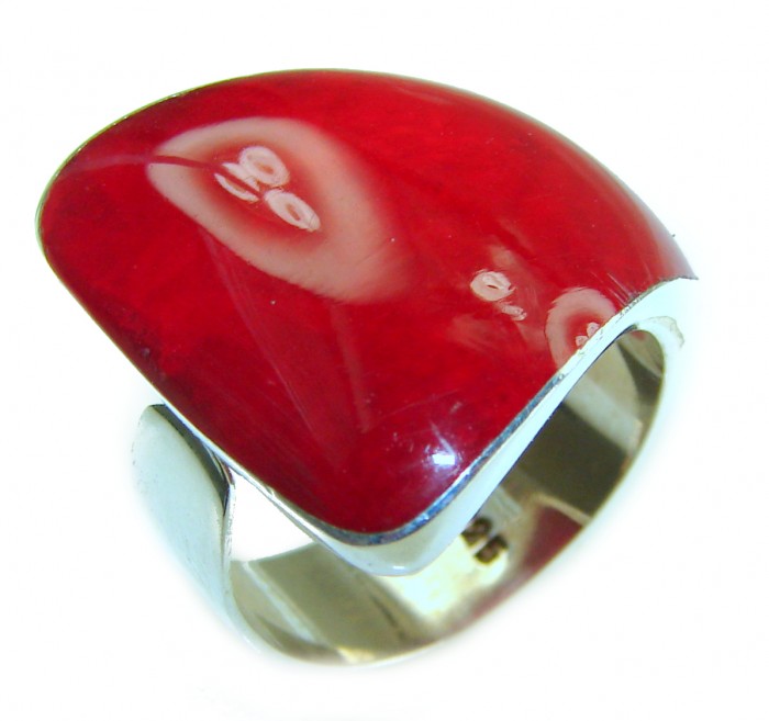 Bohemian Style Natural Fossilized Coral .925 Sterling Silver handmade ring s. 7 adjustable - Red stone ring close-up with sterling silver band.