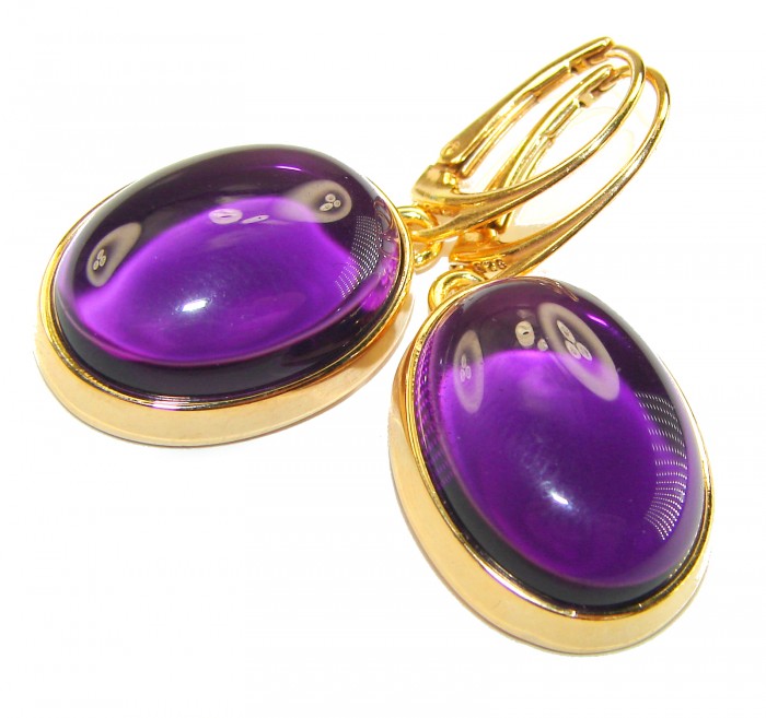 Lavender Beauty authentic 10.2 carat Amethyst 14K Gold over .925 Sterling Silver handcrafted earrings - Close-up of purple amethyst earrings in gold settings.