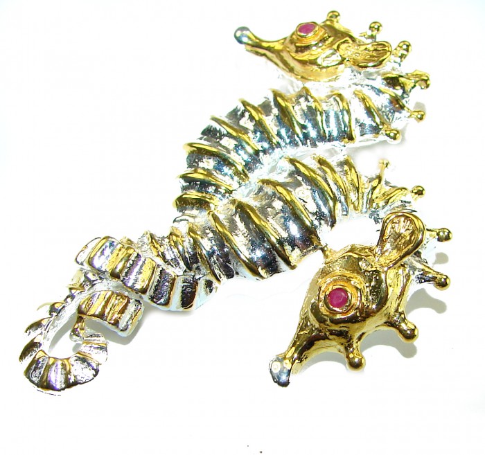Two Seahorses Excellent 0.5 carat Ruby 14K Gold over .925 Sterling Silver handcrafted Pendant Brooch - Seahorse jewelry with rubies, top view, 14K gold over .925 silver.