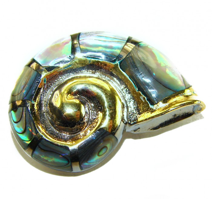Gift of the Sea Natural Rainbow Abalone 18K Gold over .925 Sterling Silver handmade Pendant - Spiral design close-up of abalone and gold pendant.