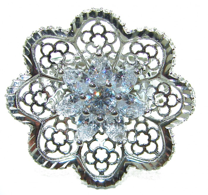 Aphrodite - 2.6 carat White Topaz .925 Sterling Silver handcrafted ring size 6 3/4 - Ornate top view of Aphrodite ring with white topaz and sterling silver
