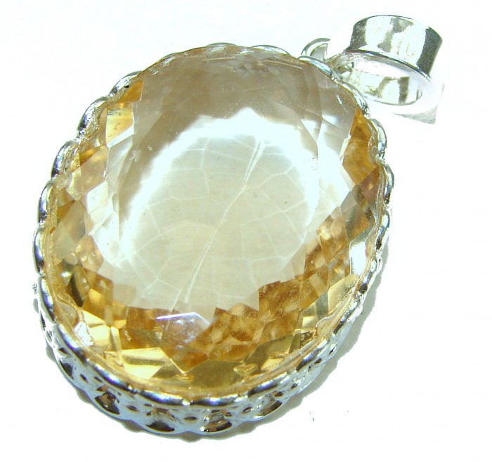 Perfection Oval cut 37.3 carat Lemon Quartz .925 Sterling Silver handcrafted LARGE pendant - Close-up of 37.3 carat lemon quartz pendant in .925 sterling silver.