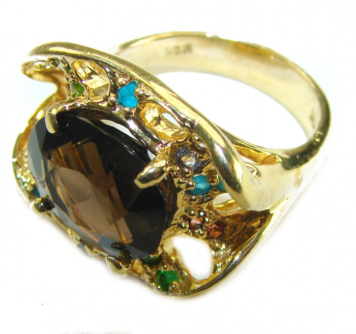 Serenity 8.5 carat Champagne Smoky Topaz 18K Gold over .925 Sterling Silver HUGE Ring size 7 1/2 - Side view of Serenity 8.5 carat Champagne Smoky Topaz ring in 18K gold.