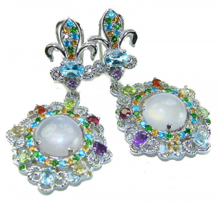 Celtic Spirit authentic fancy cut 22.5 carat Rose Quartz .925 Sterling Silver handcrafted Statement earrings - Colorful gemstone earrings with rose quartz, front angle view.