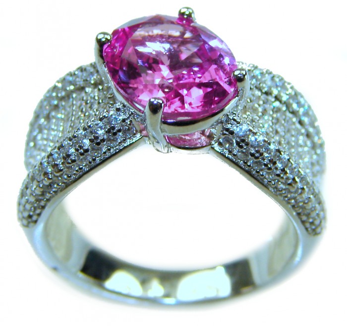Blooming Orchid 6.8 carat Pink Sapphire .925 Silver handcrafted Cocktail Ring s. 6 - Side view of Blooming Orchid 6.8 carat pink sapphire .925 silver ring
