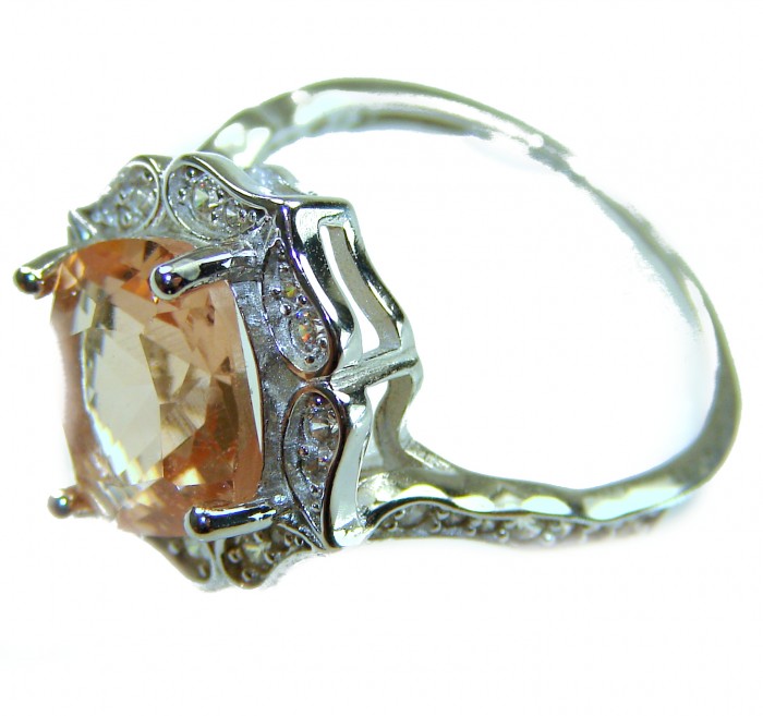 Authentic Morganite cushion cut 10.2 carat volcanic Morganite .925 Sterling Silver ring s. 8 - Side view of authentic 10.2 carat morganite ring with detailed setting.