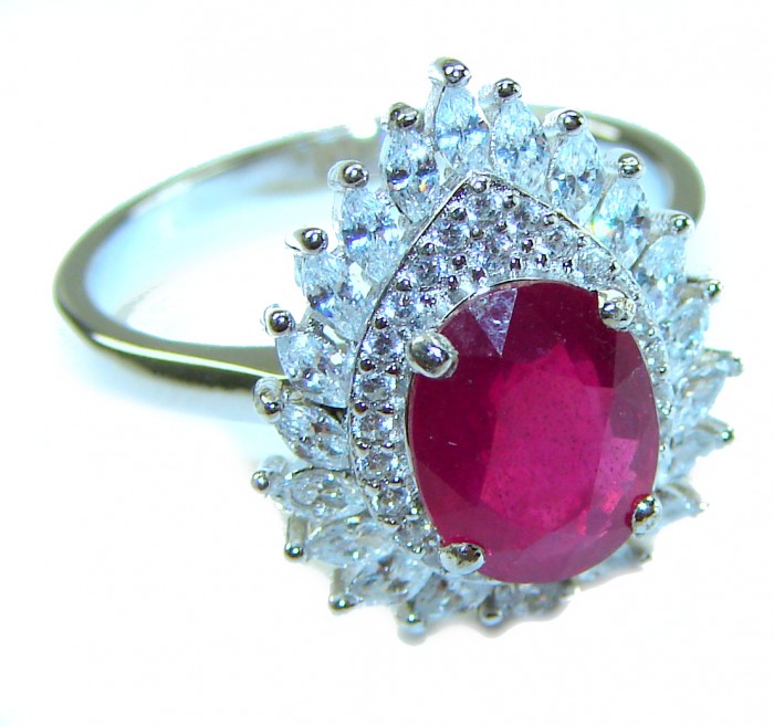 Real Beauty Natural 8.9 carat Ruby .925 Sterling Silver handmade Statement Ring size 8 1/4 - Close-up of 8.9 carat ruby ring in .925 sterling silver.