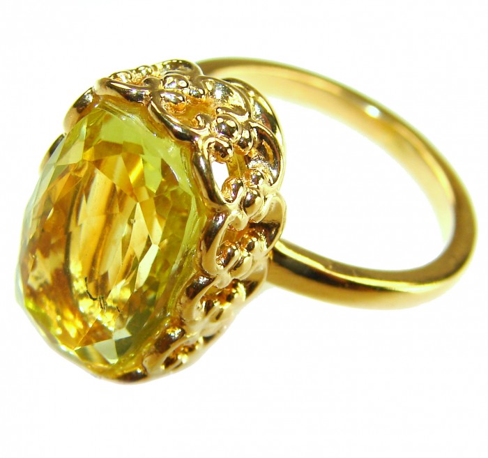 18.8 carat Genuine Lemon Quartz 14K Gold over .925 Sterling Silver handcrafted ring size 8 - Close-up of 18.8 carat lemon quartz ring in 14K gold over sterling silver.